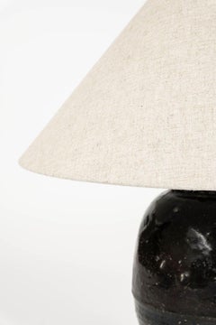 Tall Black Glazed Pottery Table Lamp with Linen Shade