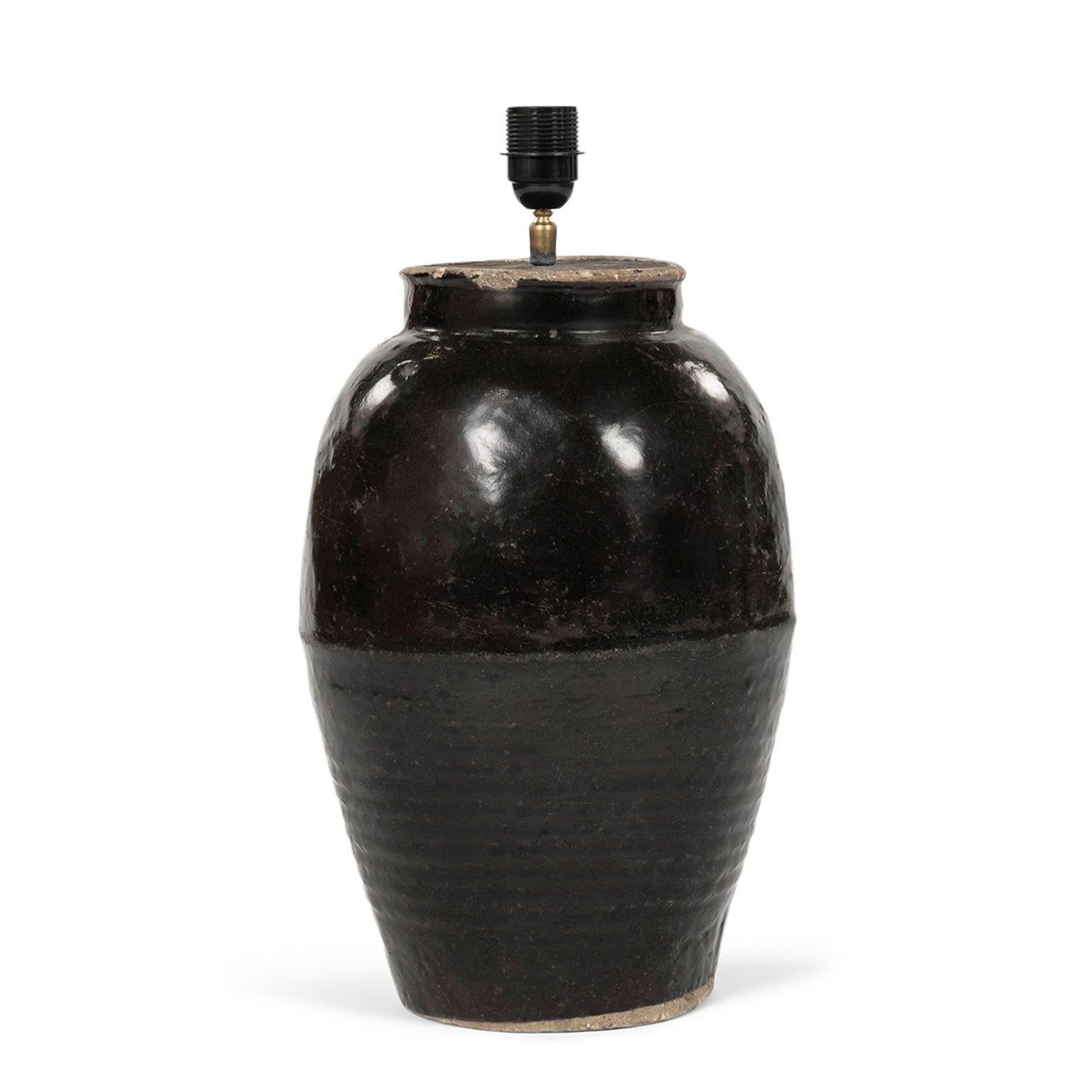 Cast Tall Black Glazed Pottery Table Lamp with Linen Shade For Sale