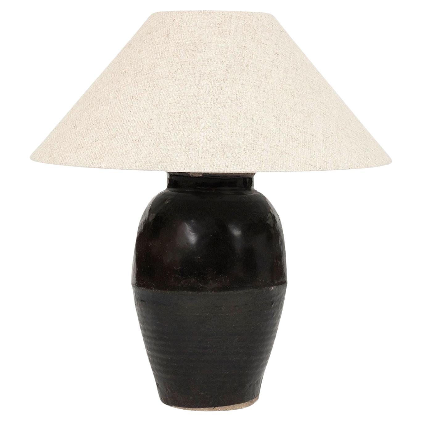 Tall Black Glazed Pottery Table Lamp with Linen Shade For Sale