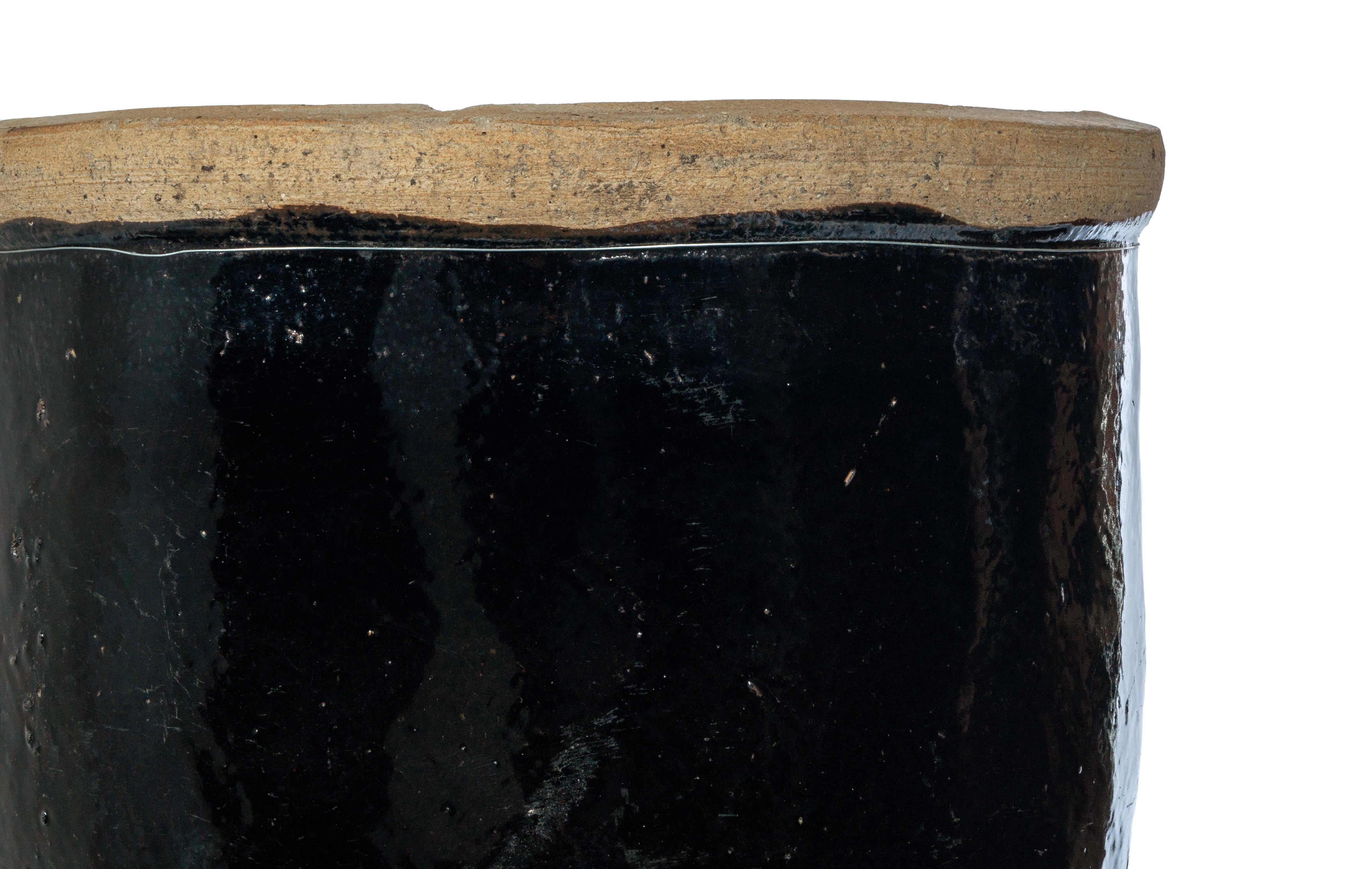 Organic Modern Tall Black Glazed Terracotta Storage Jar For Sale