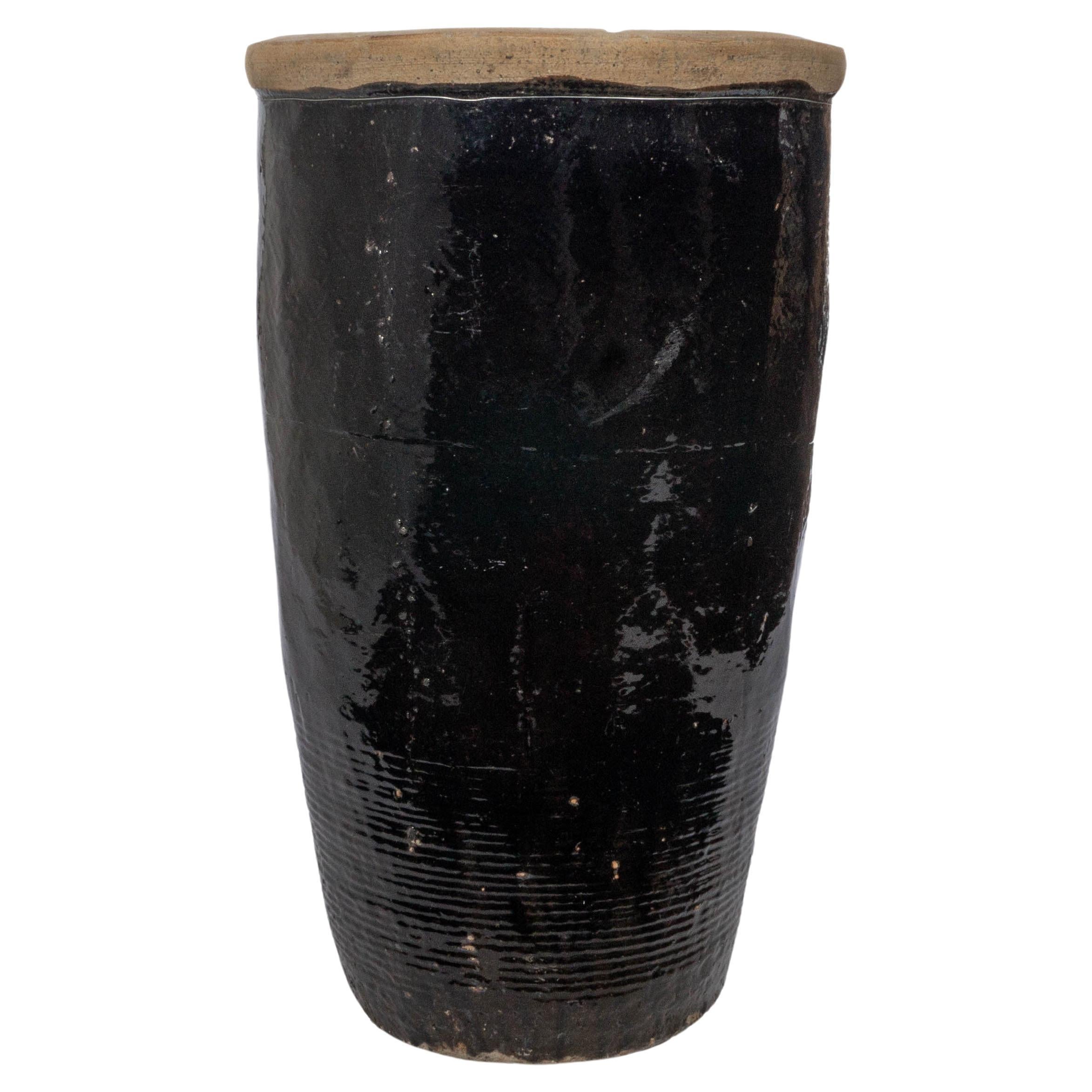 Tall Black Glazed Terracotta Storage Jar