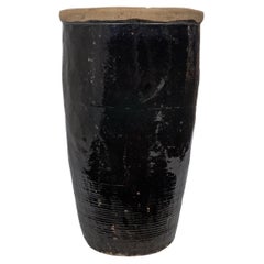 Vintage Tall Black Glazed Terracotta Storage Jar