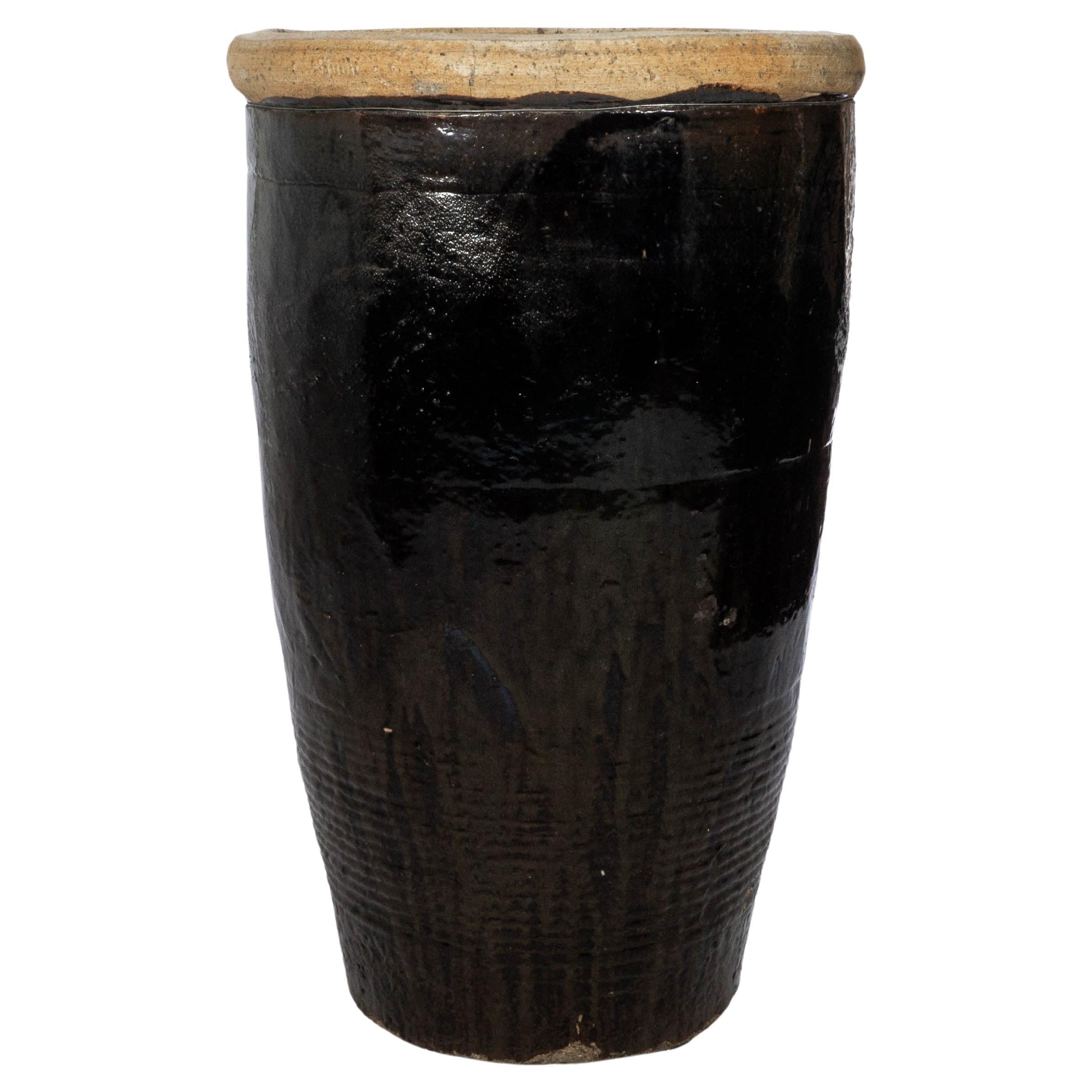 Tall Black Glazed Terracotta Storage Jar For Sale