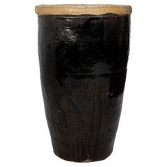 Vintage Tall Black Glazed Terracotta Storage Jar