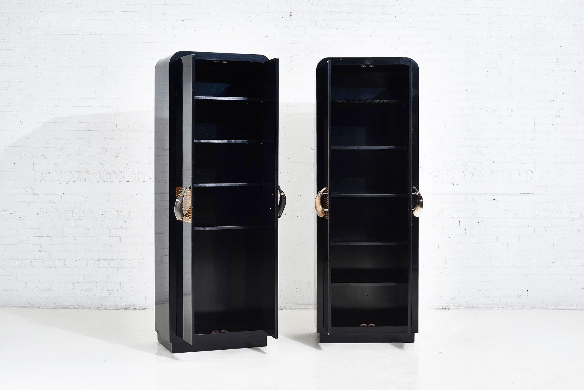 Mid-Century Modern Tall Black Lacquer Cabinets with Horn Handles by Allesandro for Baker For Sale