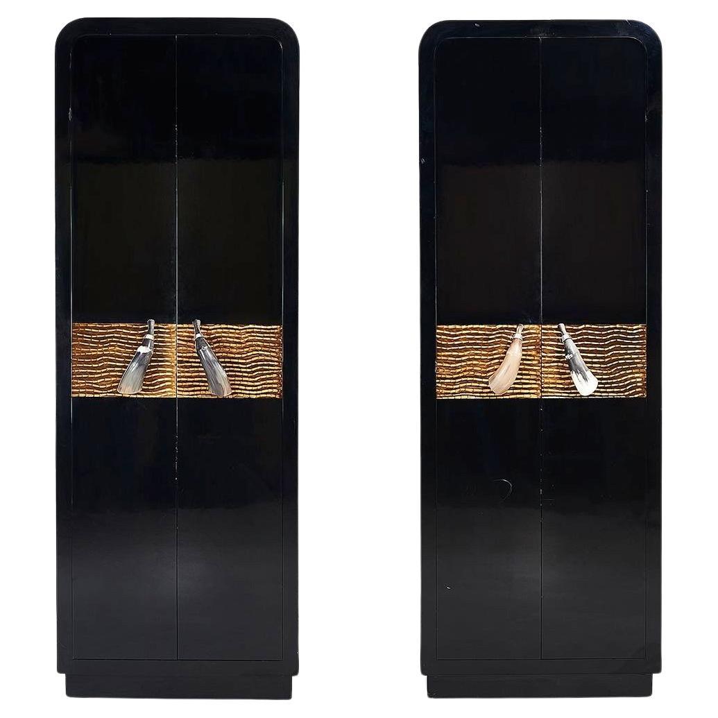 Tall Black Lacquer Cabinets with Horn Handles by Allesandro for Baker