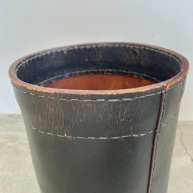 Tall Black Leather Waste Basket, 1960s France For Sale at 1stDibs