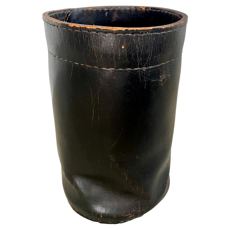 Tall Black Leather Waste Basket, 1960s France For Sale at 1stDibs