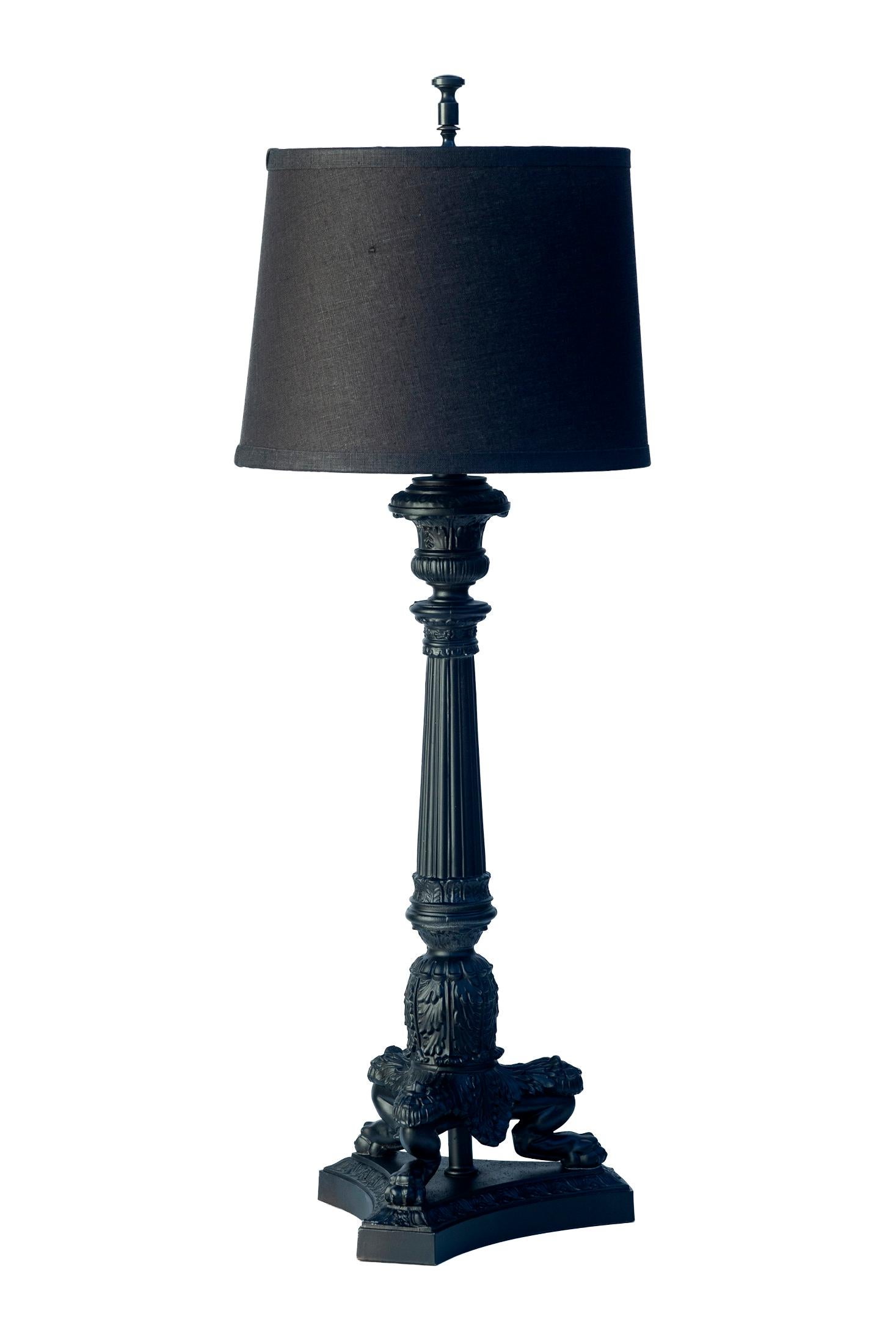 Tall Black Metal Candlestick Lamp on Tripod Base/ Black RH Linen Drum Shade Romano clásico en venta