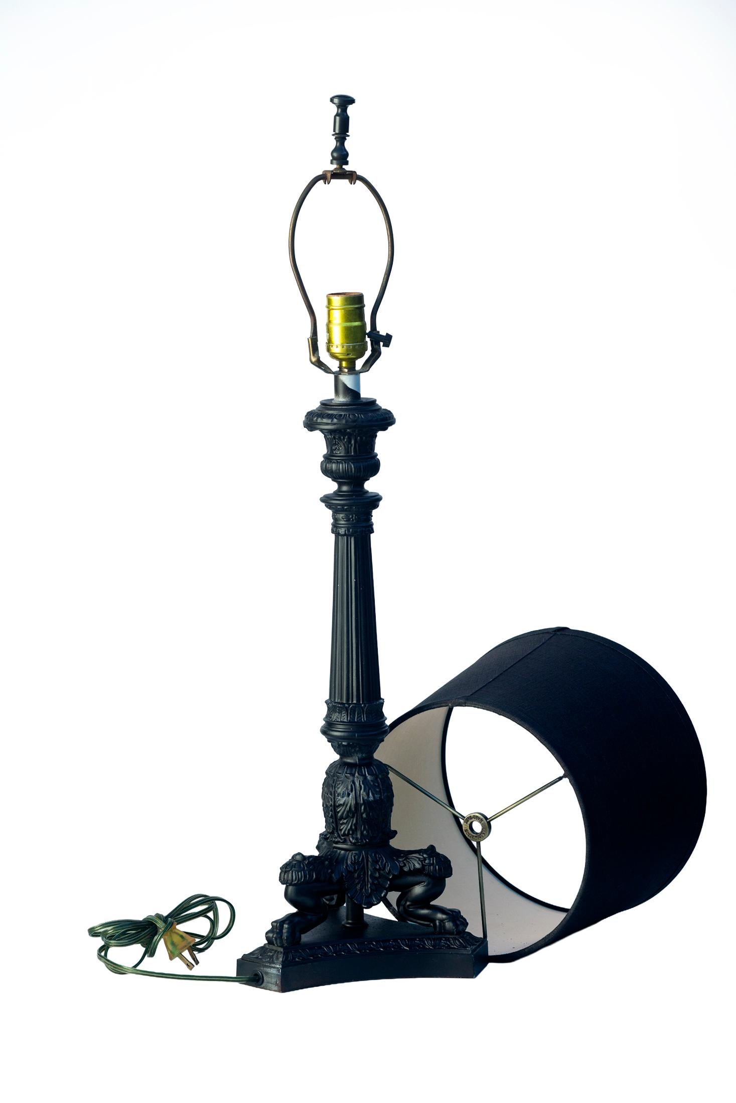 Tall Black Metal Candlestick Lamp on Tripod Base/ Black RH Linen Drum Shade siglo XX en venta