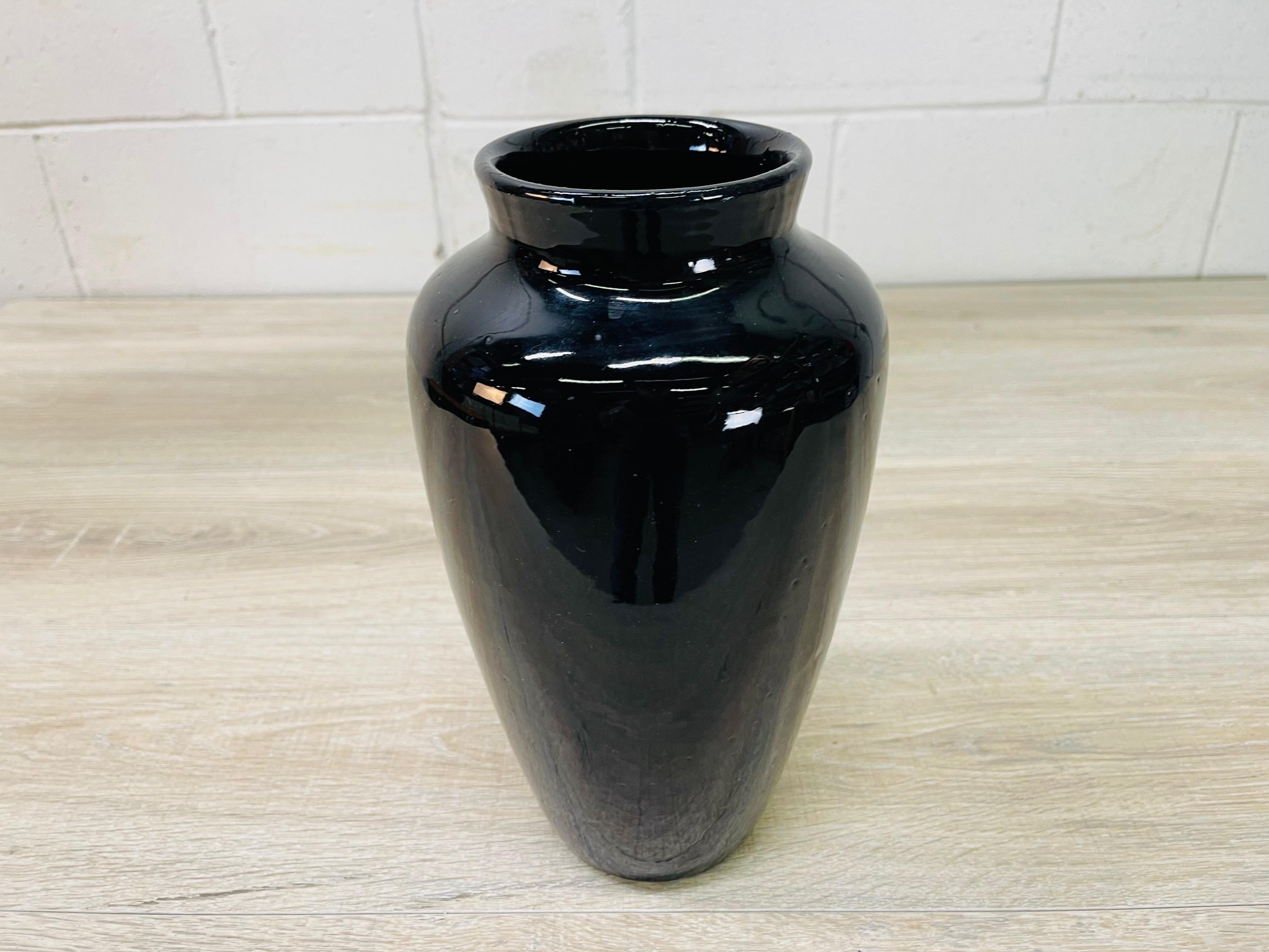 Vintage 1930s tall black pottery urn style vase. Holds lots of flowers! No marks.