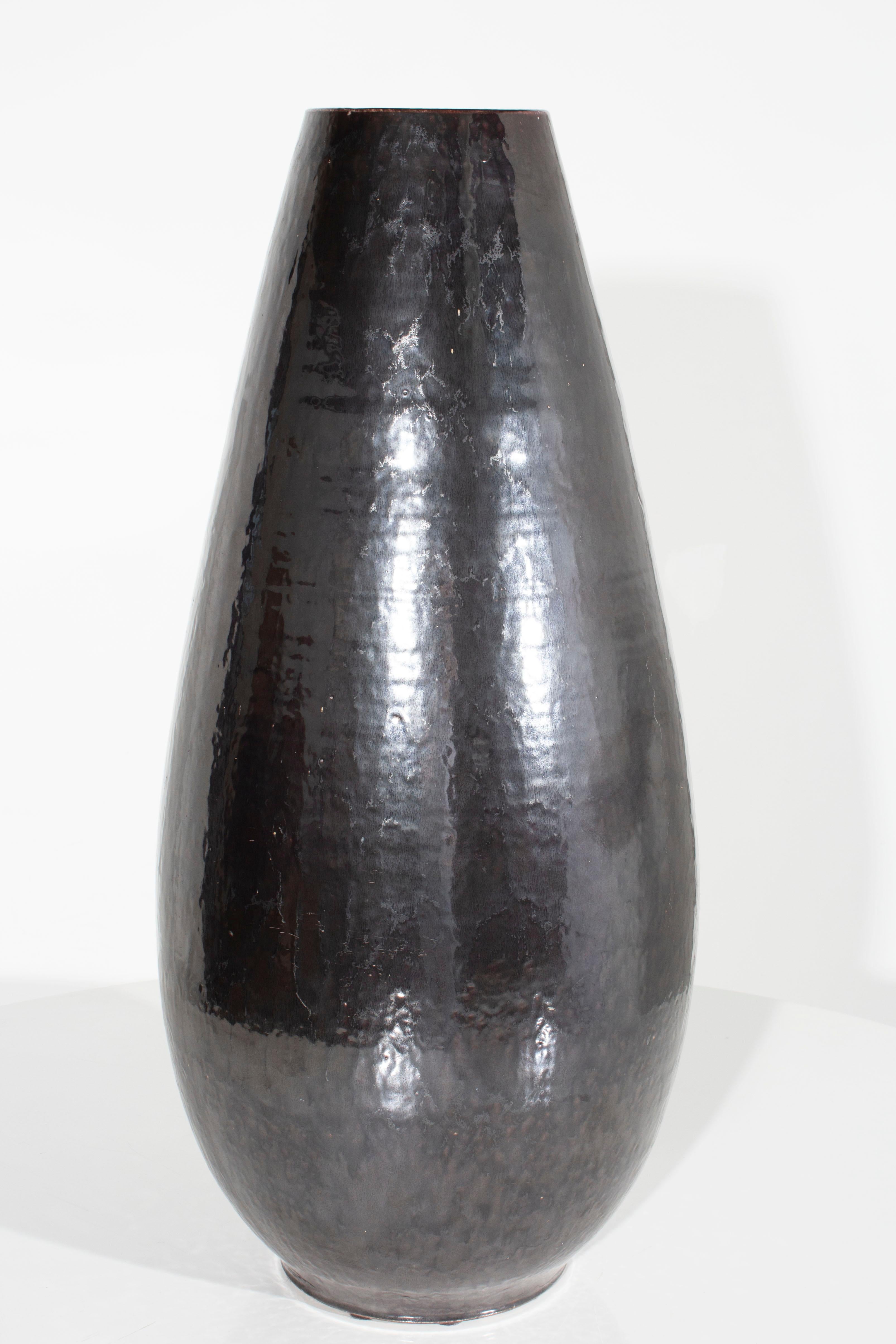 Mid-Century Modern Tall Black Vase with Hammered Steel Finish