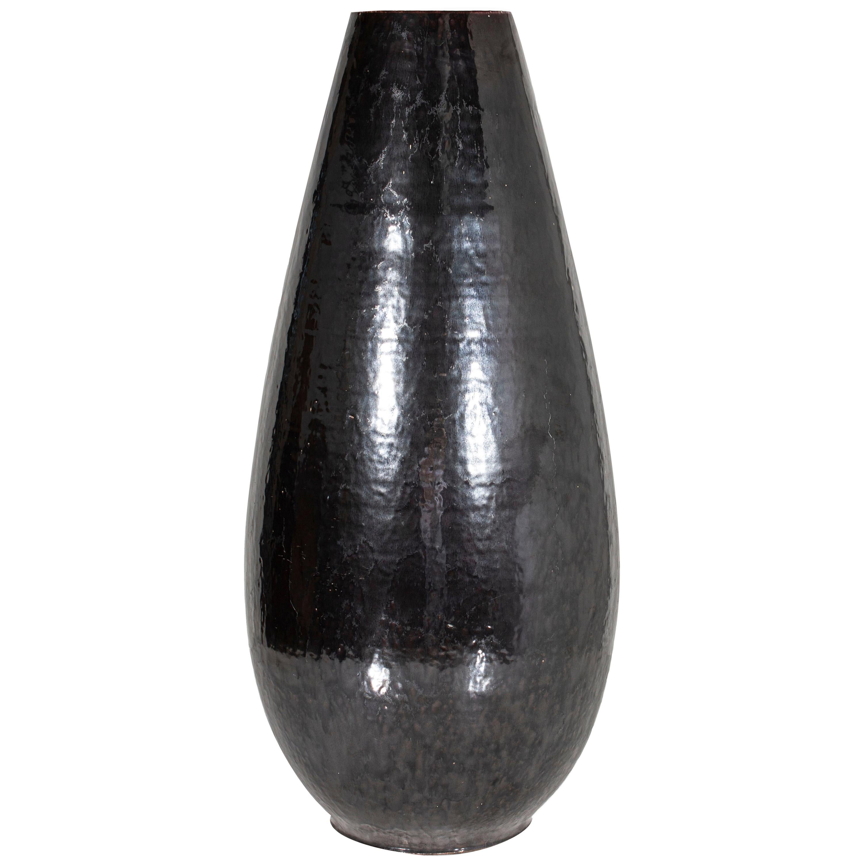 Tall Black Vase with Hammered Steel Finish