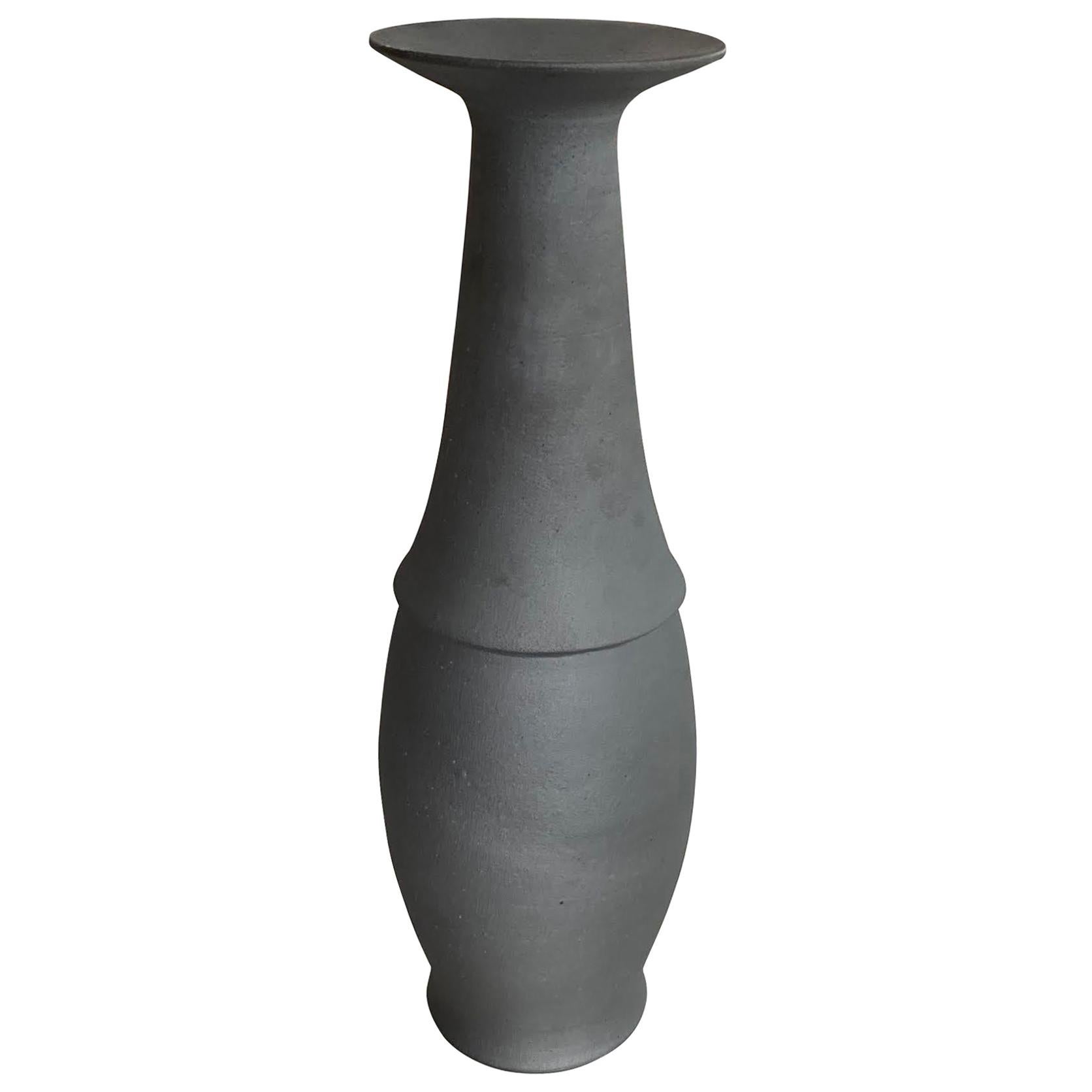 Tall Black Vase with Ridge Detail by American Ceramicist Sandi Fellman