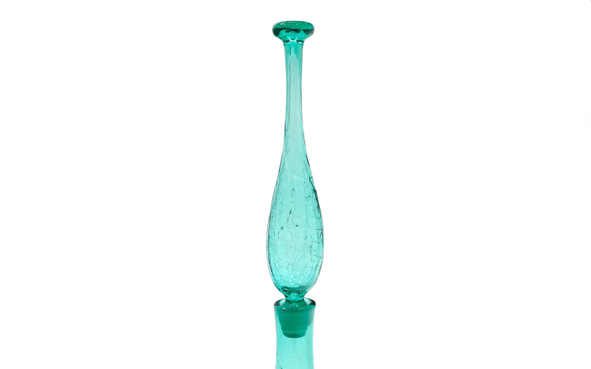 Mid-Century Modern Tall Blenko Green Crackle Glass Decanter with Original Stopper, Mint Conditon