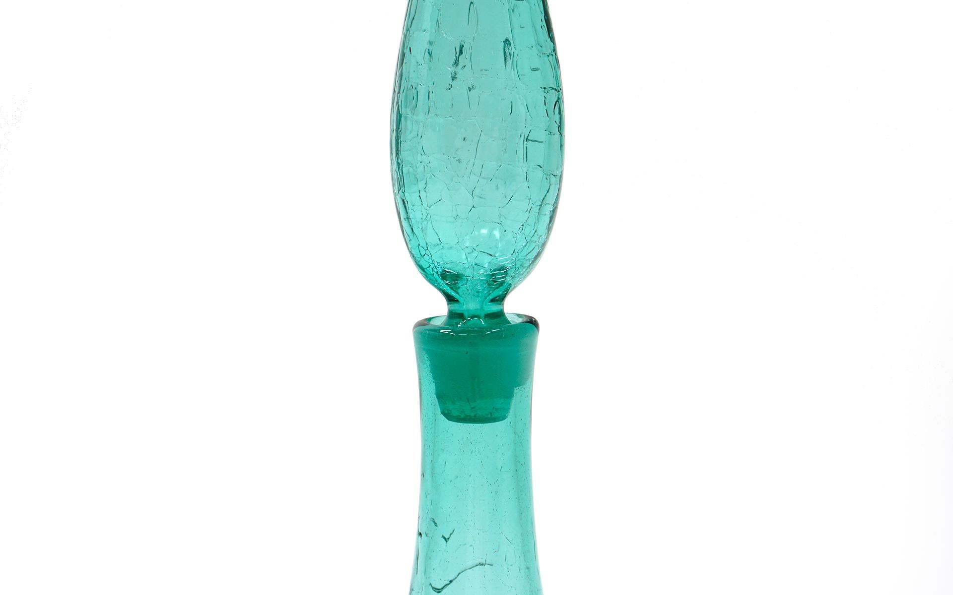 American Tall Blenko Green Crackle Glass Decanter with Original Stopper, Mint Conditon