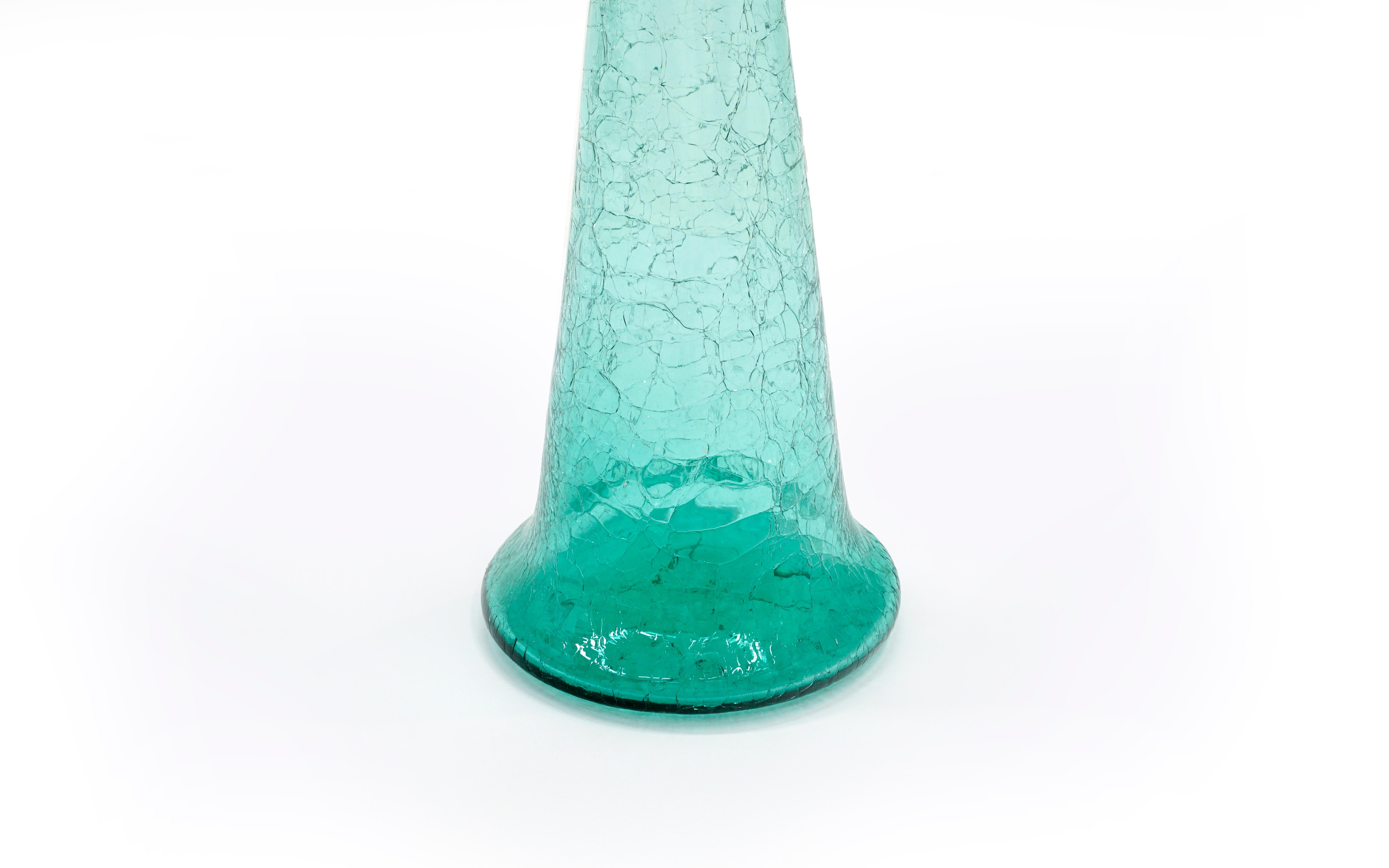 Tall Blenko Green Crackle Glass Decanter with Original Stopper, Mint Conditon In Excellent Condition In Kansas City, MO