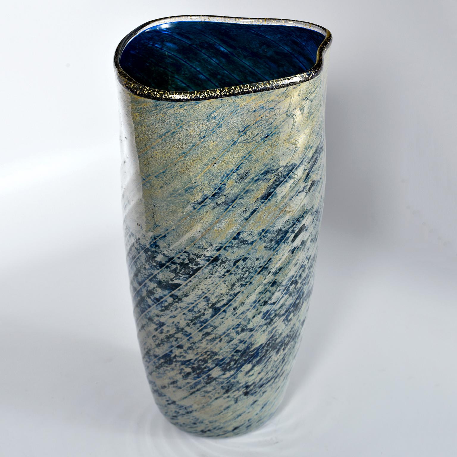 European Tall Blue and Green Art Glass Vase with Black Lip