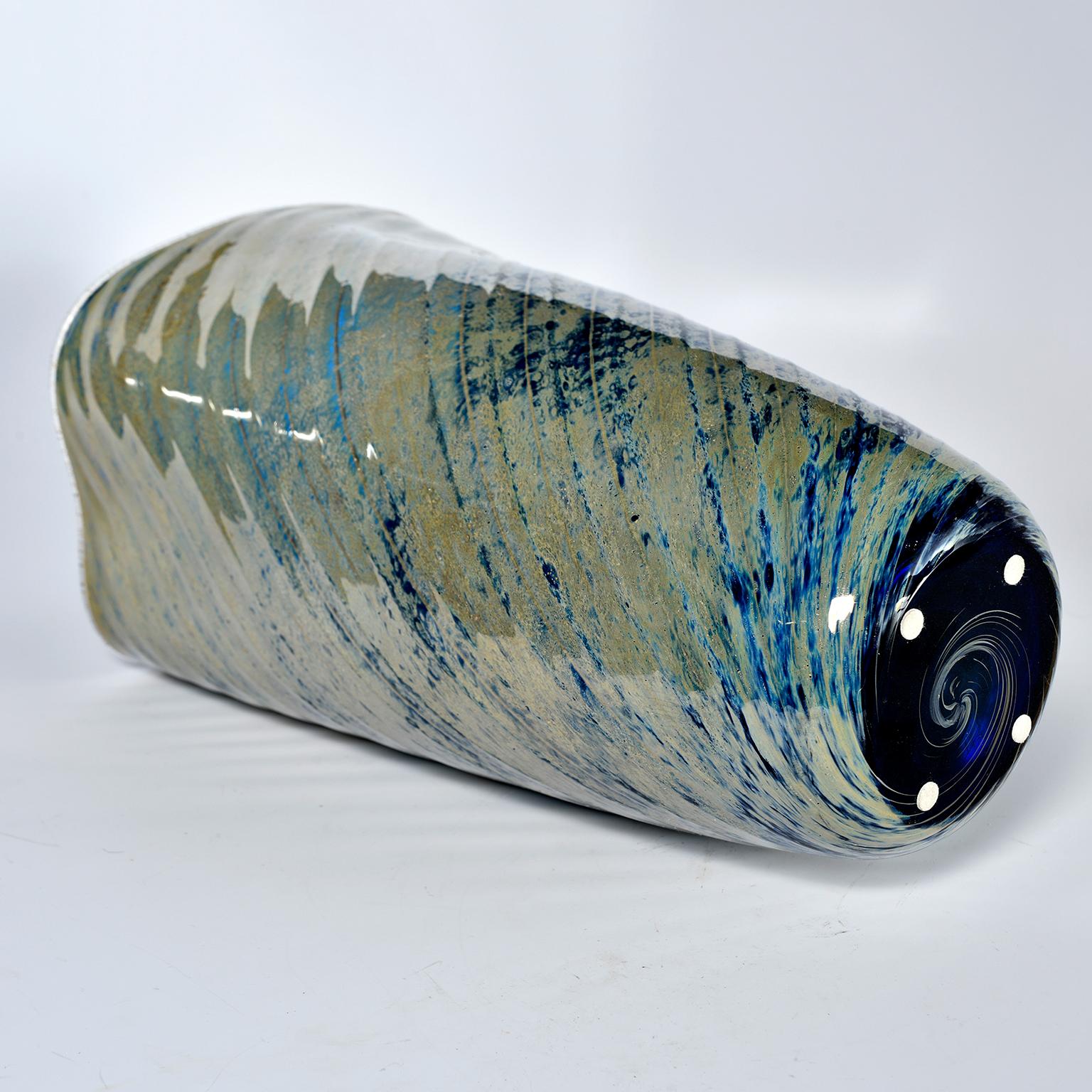 Tall Blue and Green Art Glass Vase with Black Lip 1