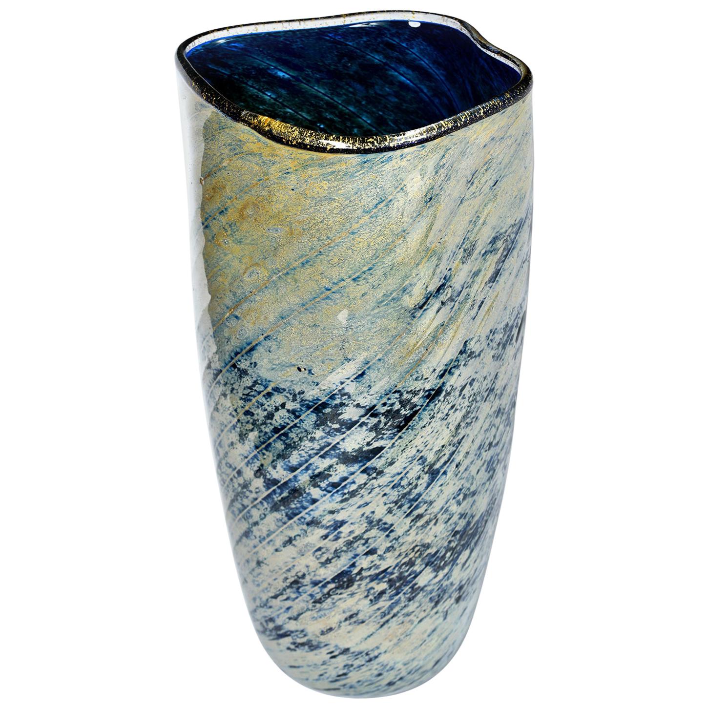 Tall Blue and Green Art Glass Vase with Black Lip