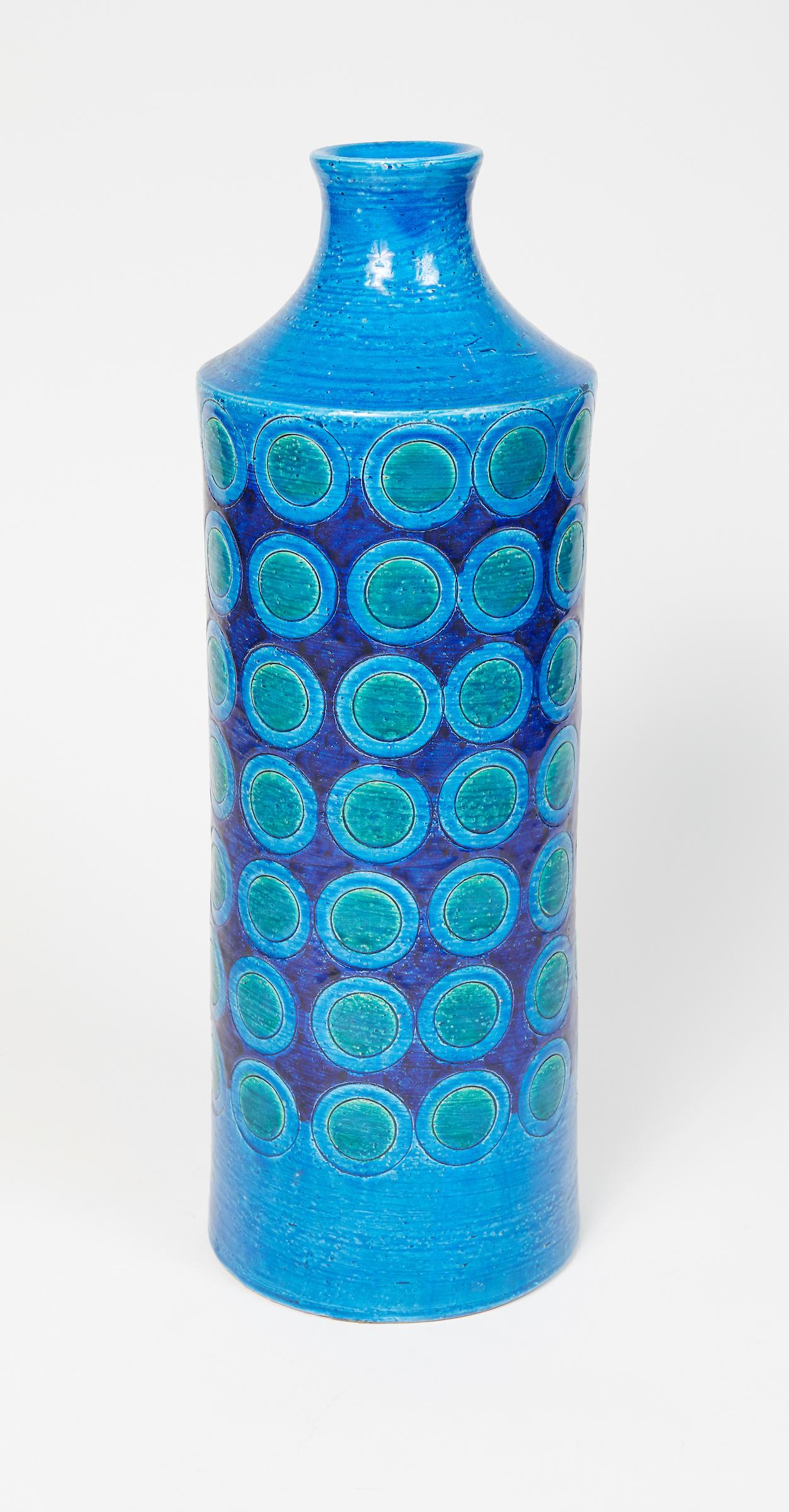 Tall blue and green ceramic glazed vase by Aldo Londi, 
Bearing the sticker at the base marked: 