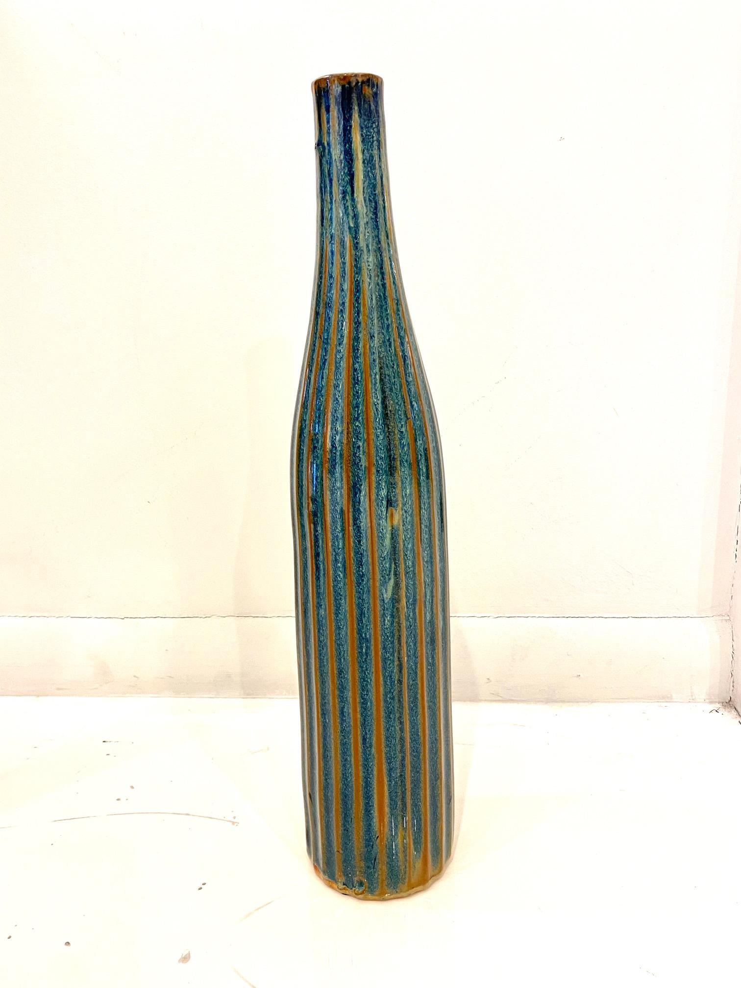 Tall Blue and Green Stripe Ceramic Studio Vase.