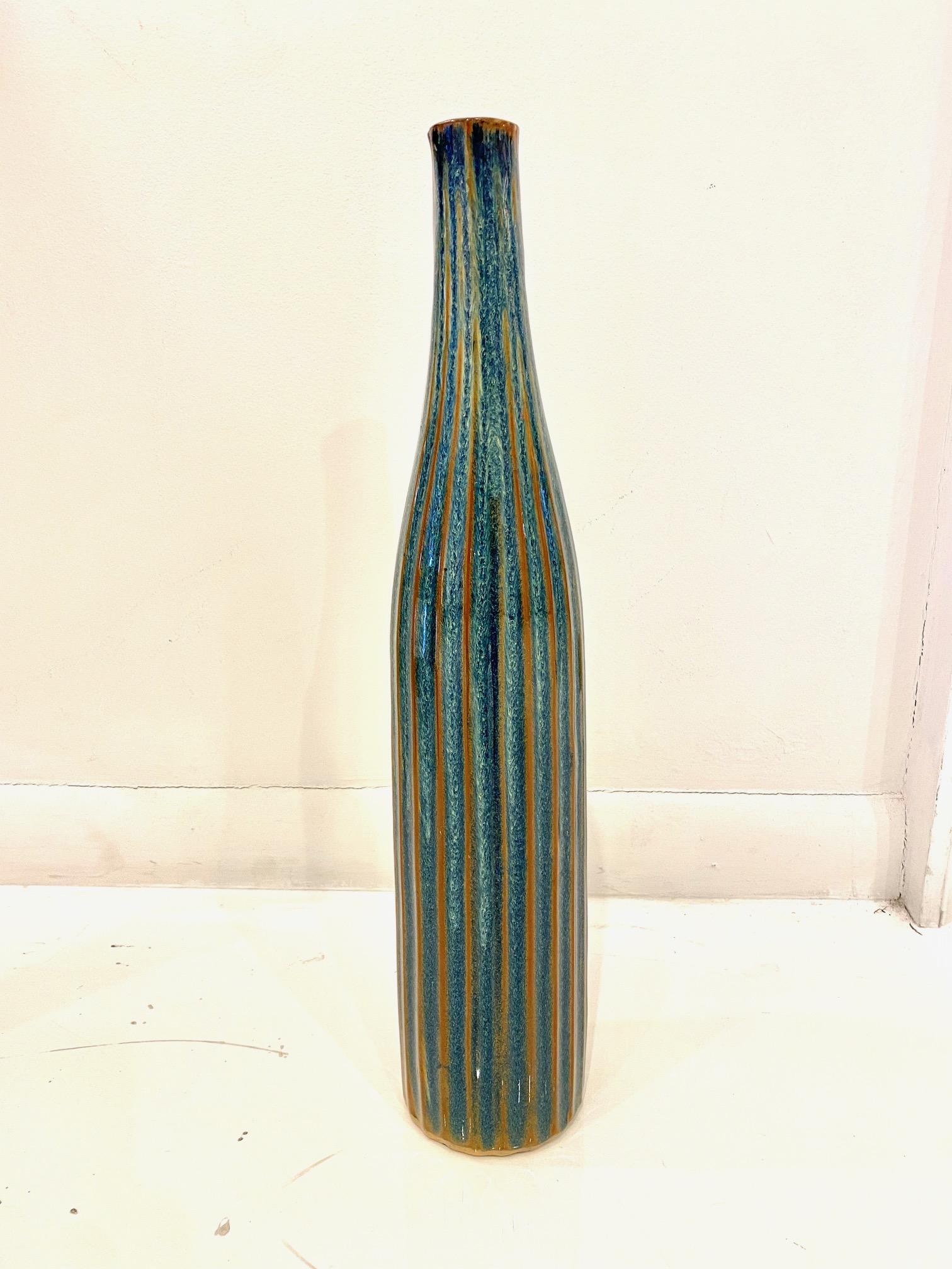 American Tall Blue and Green Stripe Ceramic Studio Vase For Sale