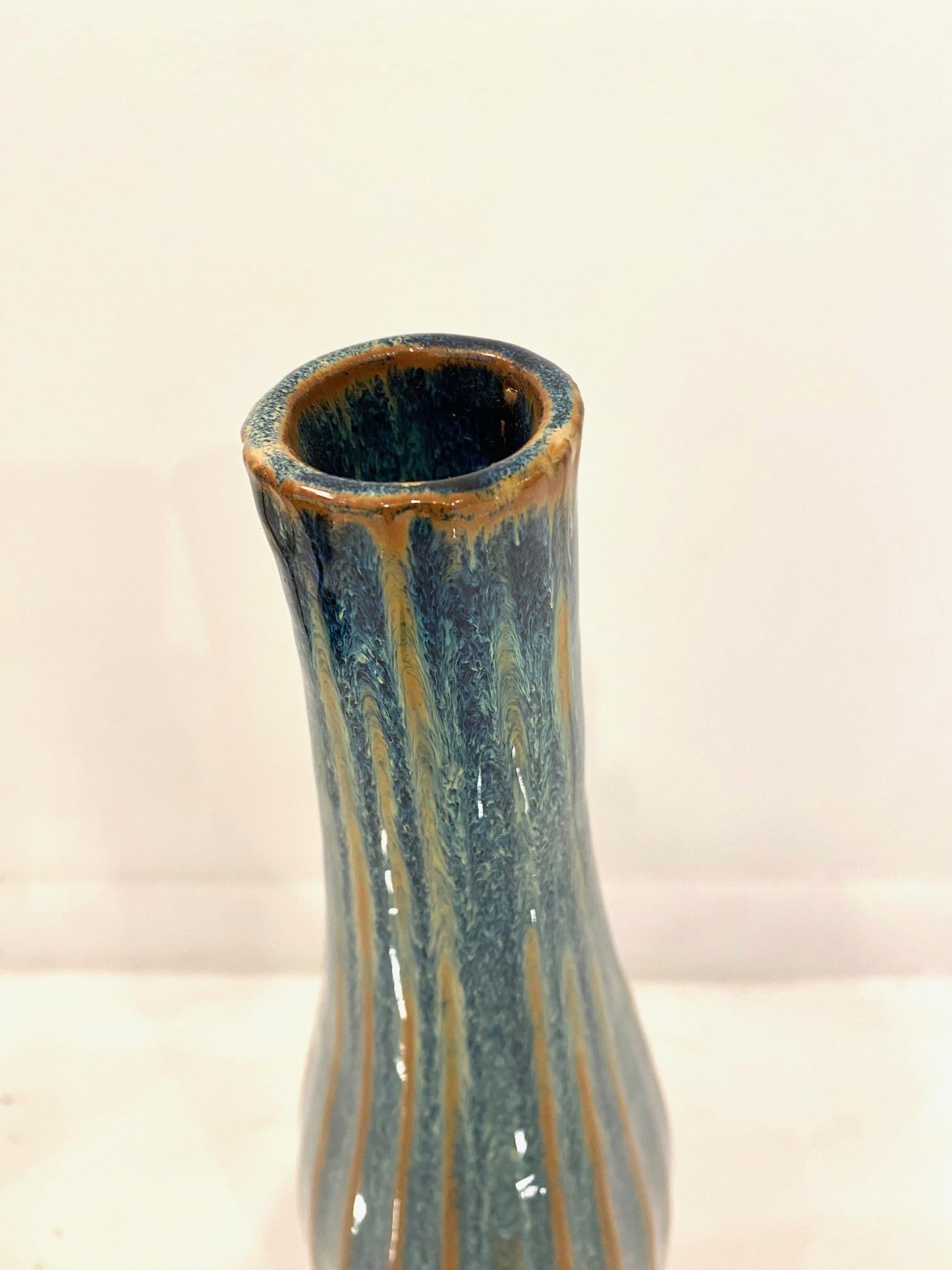 Tall Blue and Green Stripe Ceramic Studio Vase In Good Condition For Sale In Montreal, QC