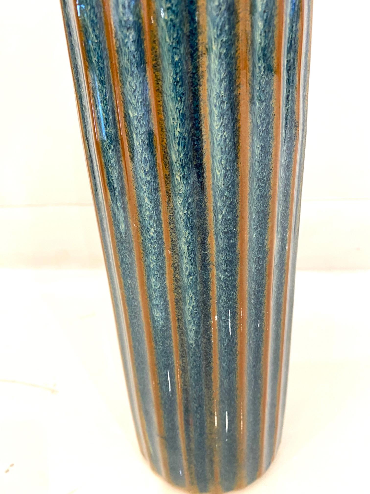 Late 20th Century Tall Blue and Green Stripe Ceramic Studio Vase For Sale