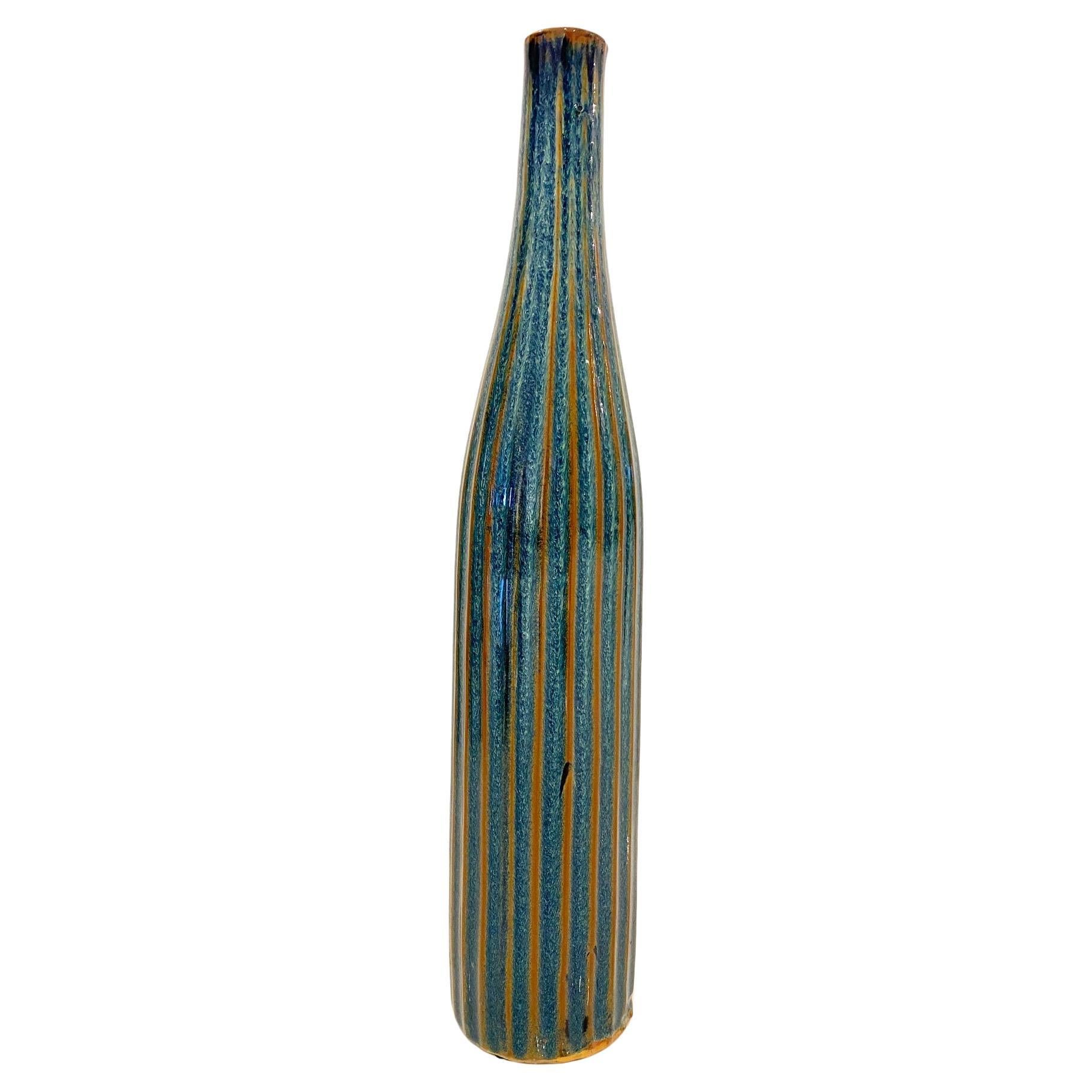 Tall Blue and Green Stripe Ceramic Studio Vase For Sale