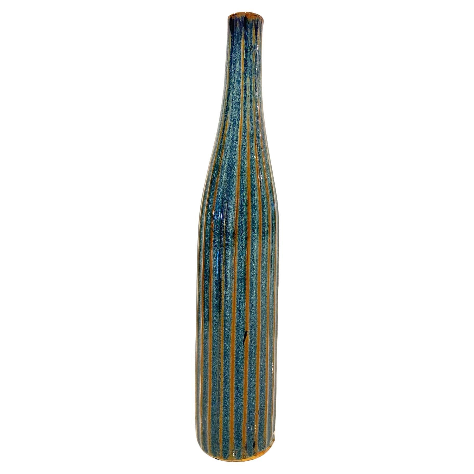 Tall Blue and Green Stripe Ceramic Studio Vase