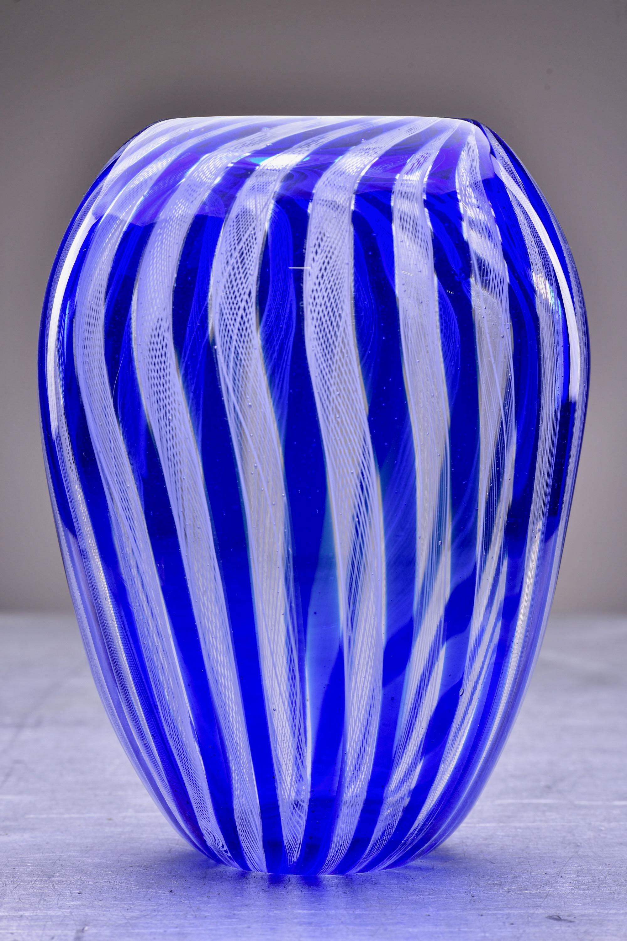 Mid-Century Modern Tall Blue and White Filigree Zanfirico Murano Glass Vase