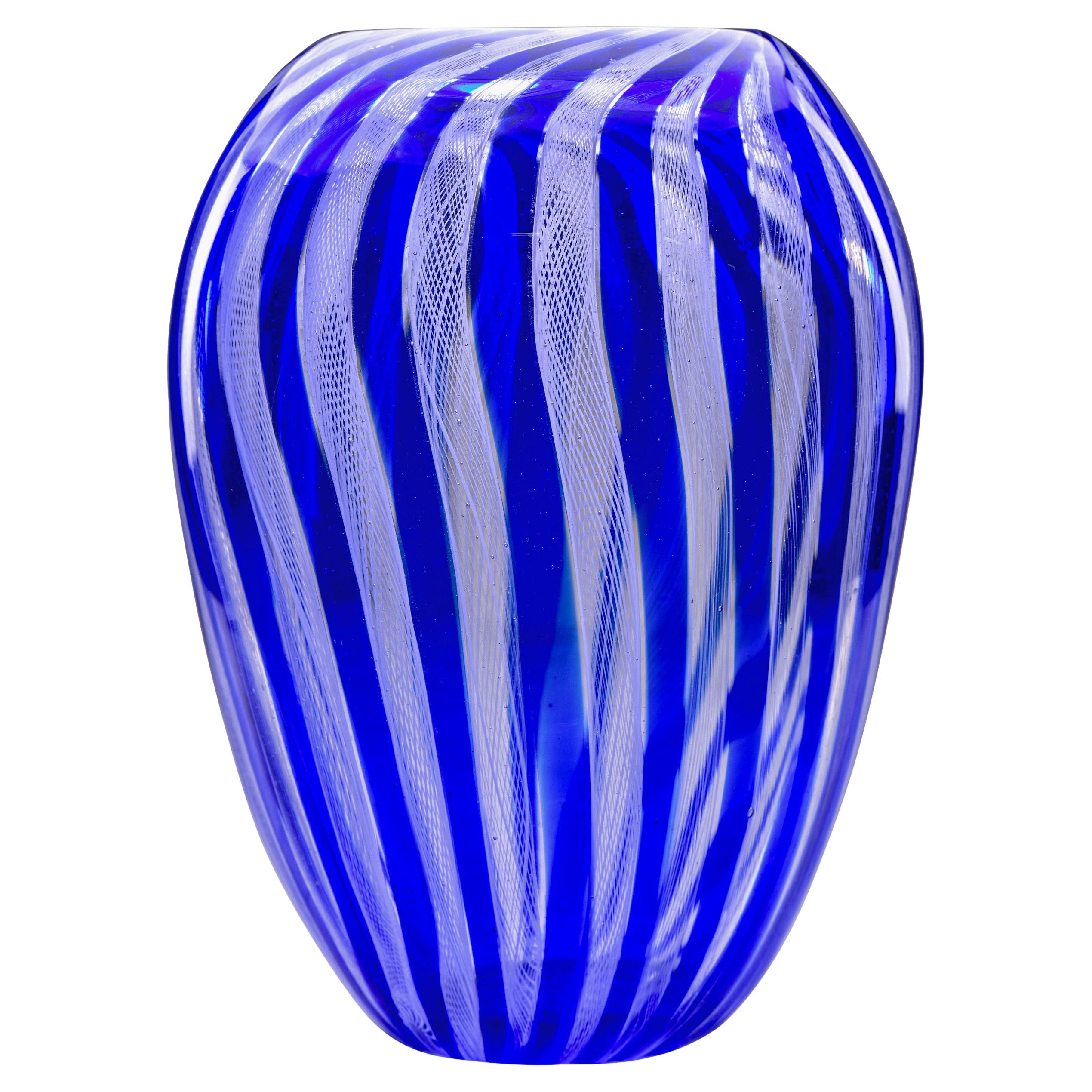 Tall Blue and White Filigree Zanfirico Murano Glass Vase