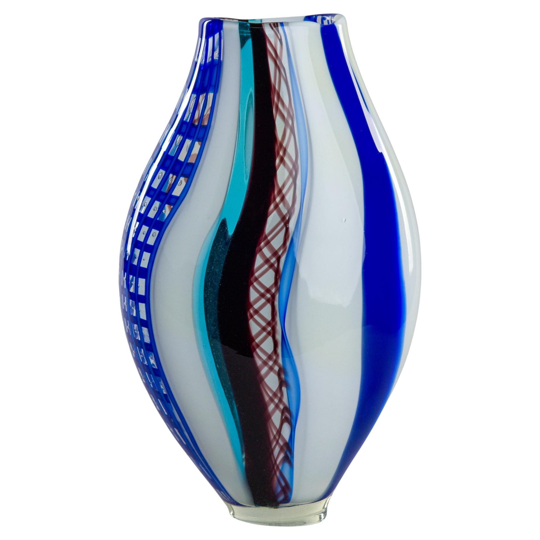 Tall Blue and White Signed Fabiano Zanchi Murano Glass Vase
