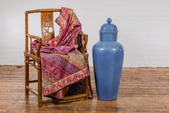 Tall Blue Glaze Lidded Hexagonal Vase with Crackle Finish, Vintage