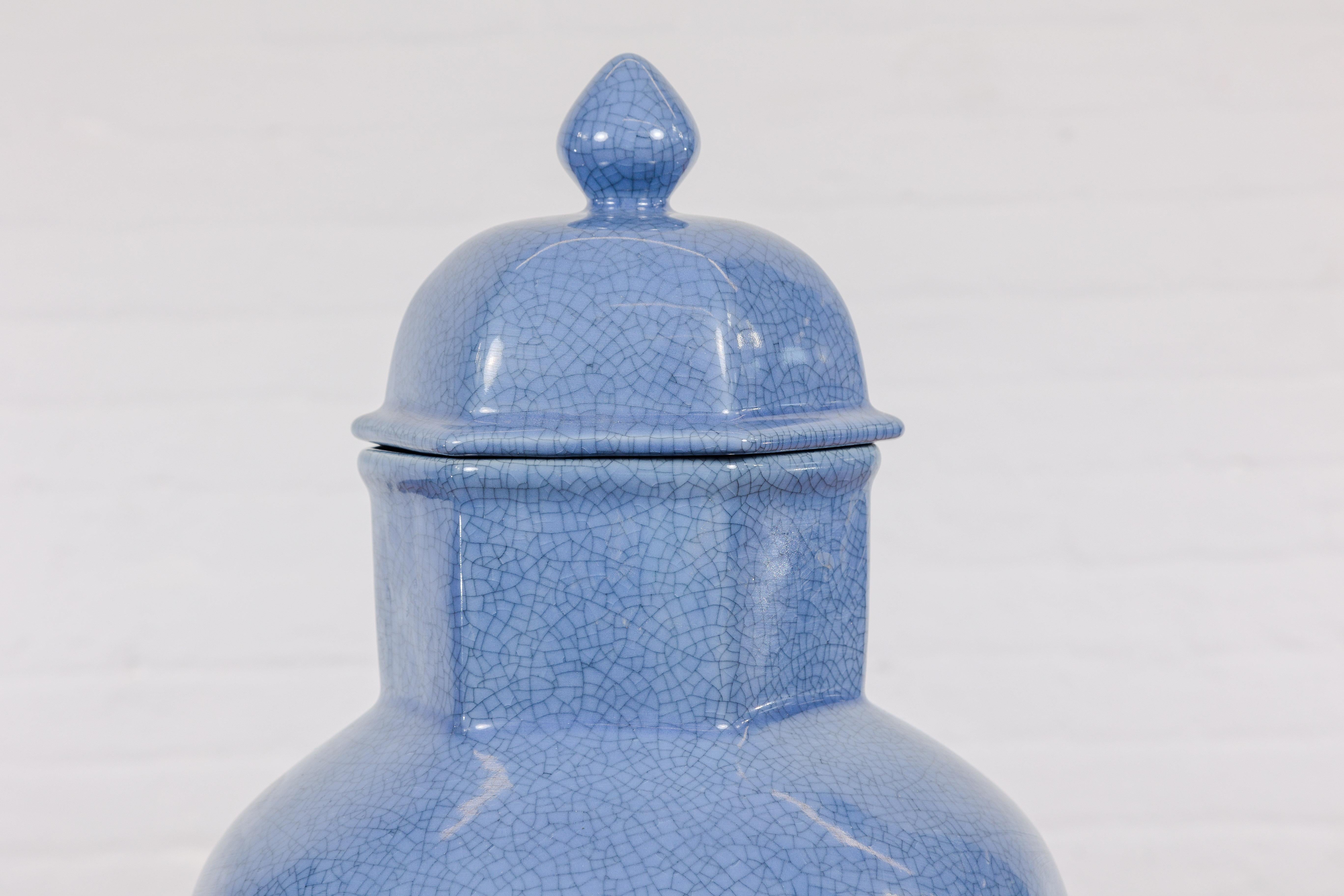 Glazed Tall Blue Glaze Lidded Hexagonal Vase with Crackle Finish, Vintage For Sale