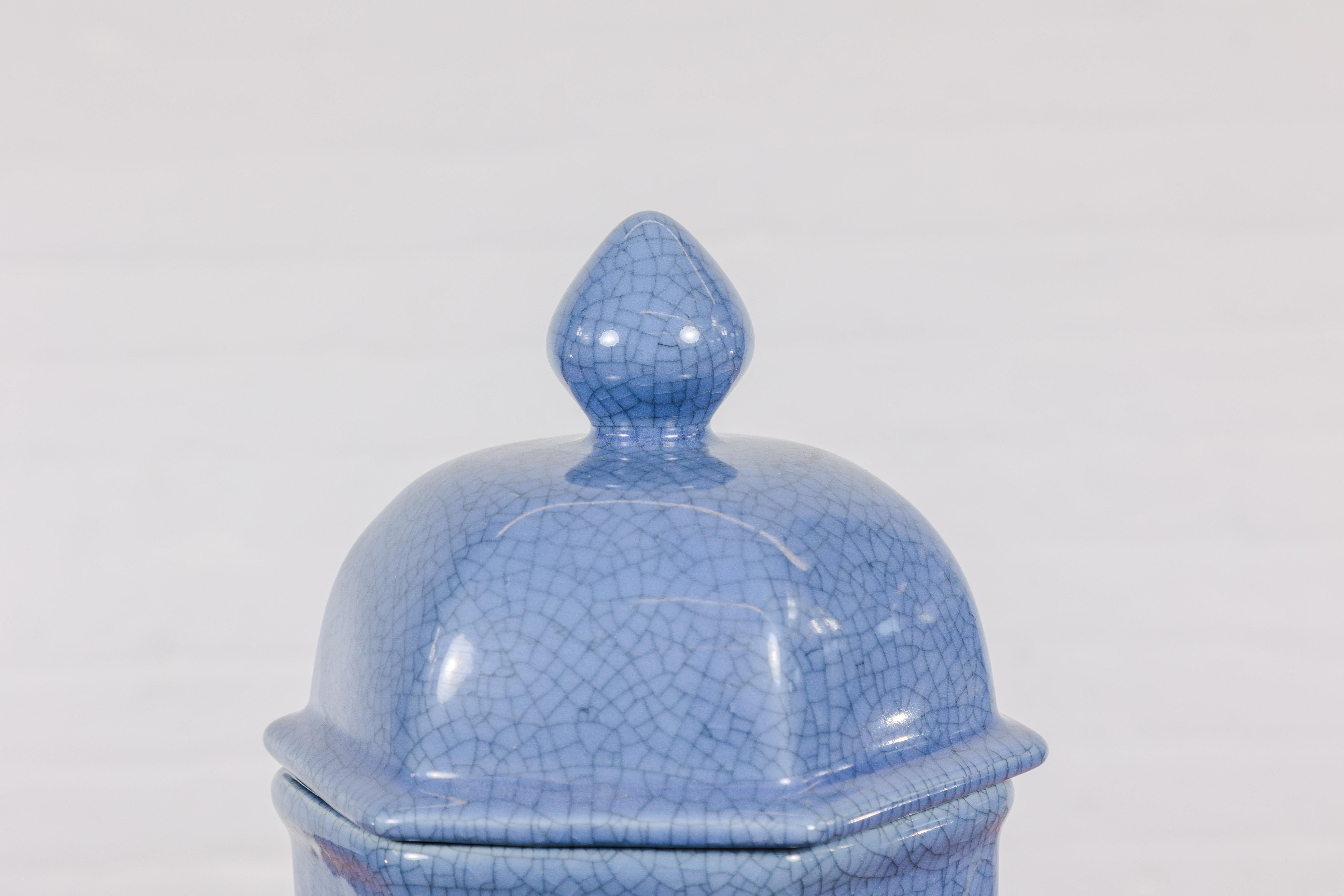 Tall Blue Glaze Lidded Hexagonal Vase with Crackle Finish, Vintage In Good Condition For Sale In Yonkers, NY