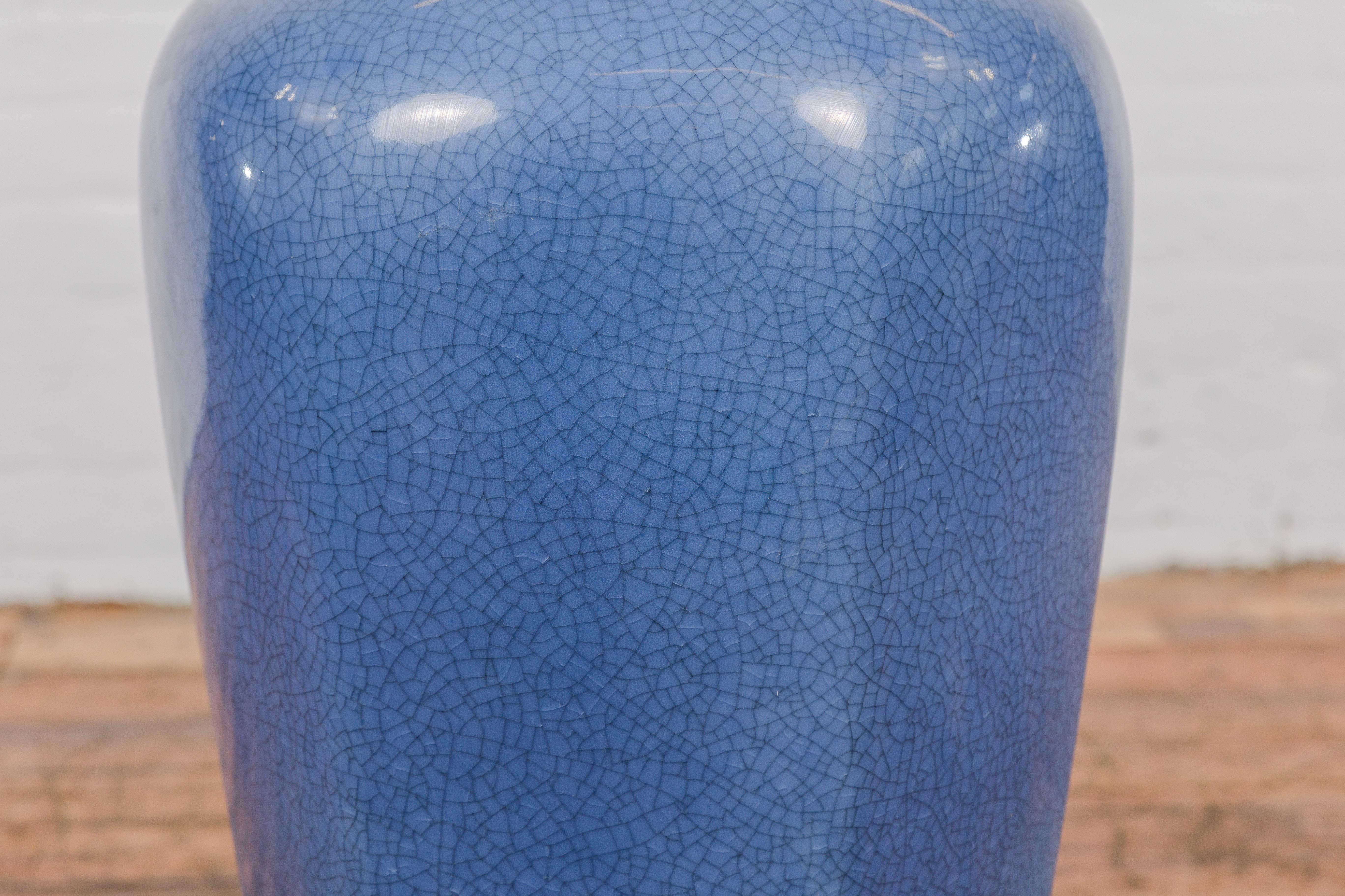 Ceramic Tall Blue Glaze Lidded Hexagonal Vase with Crackle Finish, Vintage For Sale