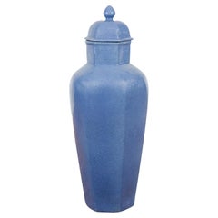 Grand vase hexagonal avec couvercle à glaçure bleue, finition craquelée, vintage