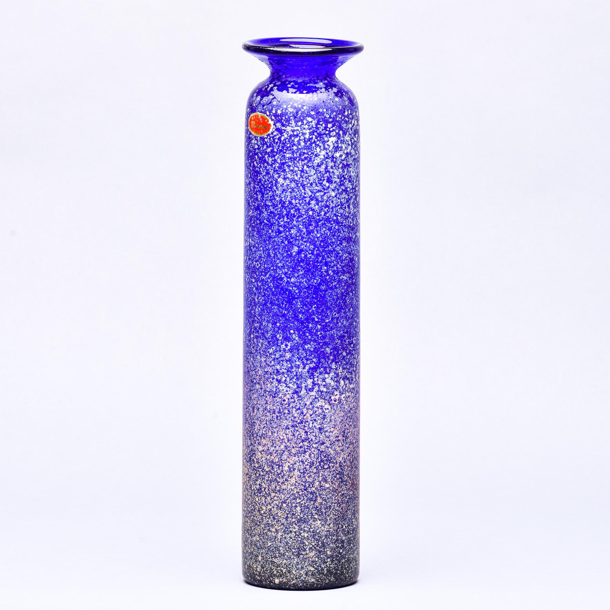 Mid-Century Modern Tall Blue Murano Glass Scavo Style Slender Vase For Sale
