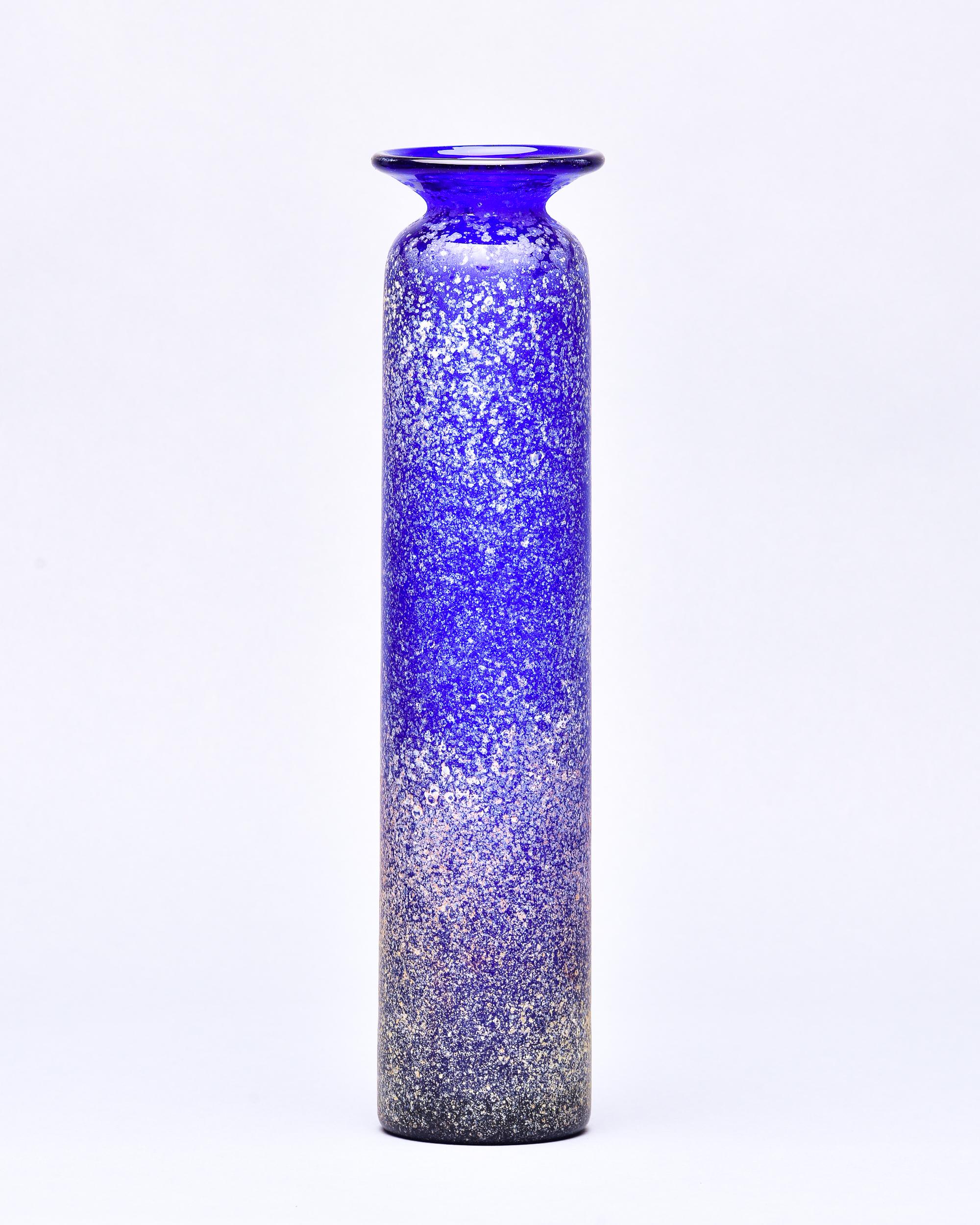 Italian Tall Blue Murano Glass Scavo Style Slender Vase For Sale