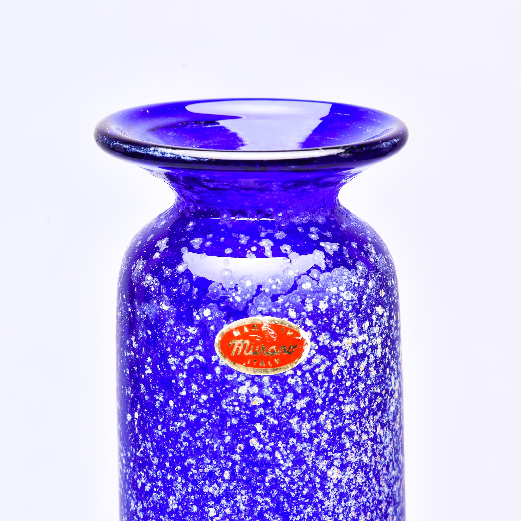 20th Century Tall Blue Murano Glass Scavo Style Slender Vase For Sale