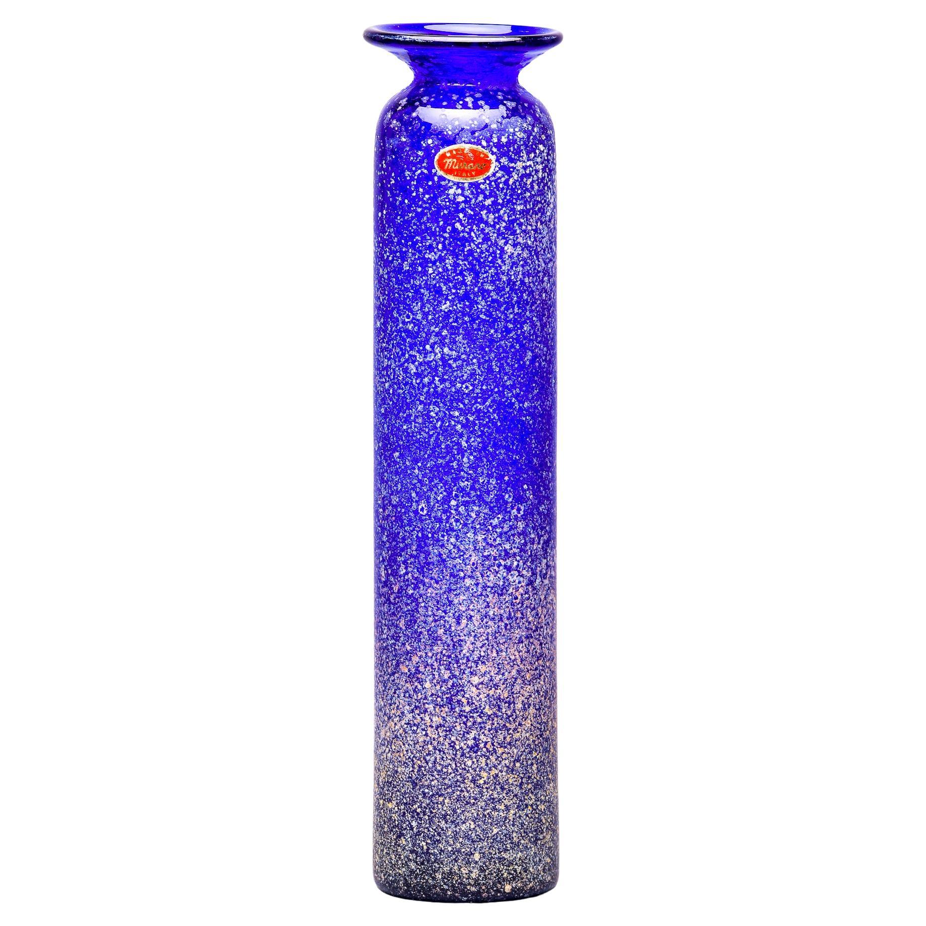 Tall Blue Murano Glass Scavo Style Slender Vase For Sale