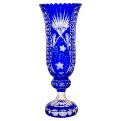 Tall Blue Overlay Crystal Vase with Floral and Starburst Cut Decoration