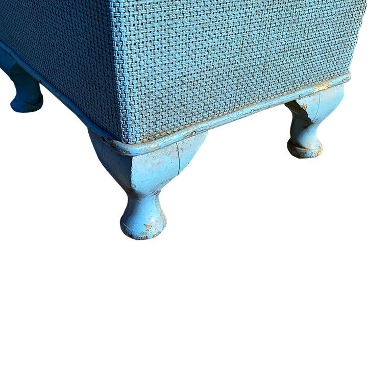 Victorian Tall Blue Square Wood Wicker Storage Table with Hidden Hamper and Brass Hardware