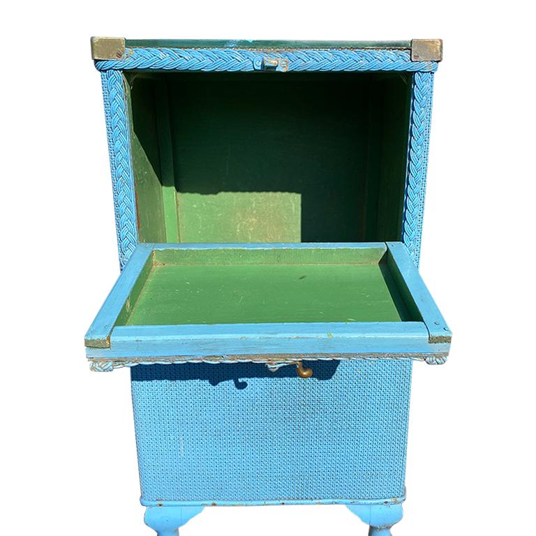 American Tall Blue Square Wood Wicker Storage Table with Hidden Hamper and Brass Hardware