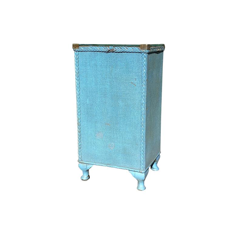 20th Century Tall Blue Square Wood Wicker Storage Table with Hidden Hamper and Brass Hardware
