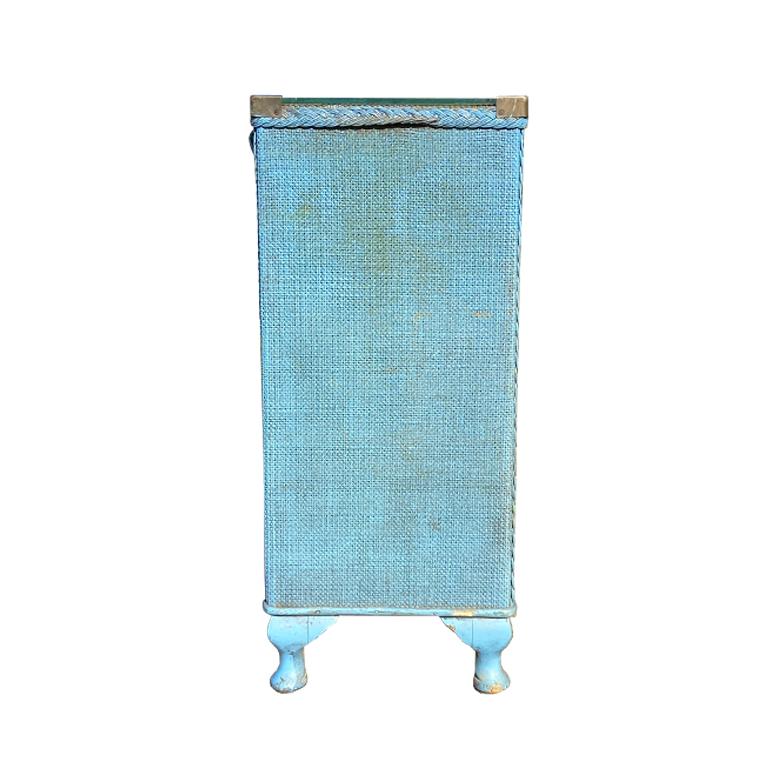 Tall Blue Square Wood Wicker Storage Table with Hidden Hamper and Brass Hardware 1