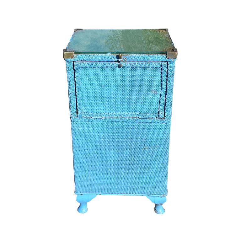 Tall Blue Square Wood Wicker Storage Table with Hidden Hamper and Brass Hardware