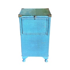 Used Tall Blue Square Wood Wicker Storage Table with Hidden Hamper and Brass Hardware